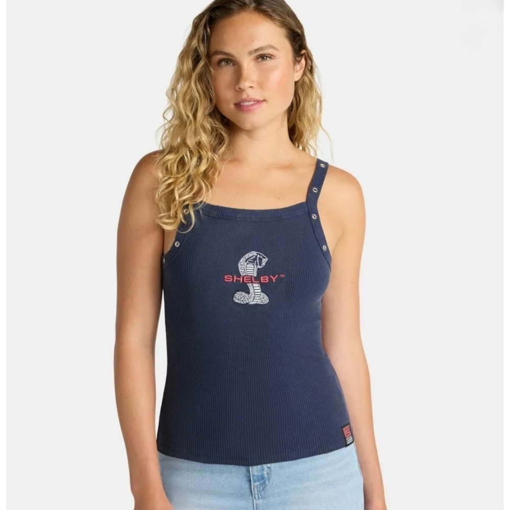 Shelby Mustang Graphic Tank Top Grommet Snap Accents Navy Blue Womens Size Large